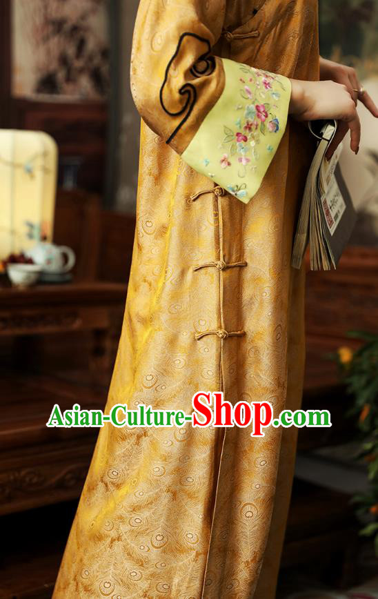 Asian Chinese Classical Golden Song Brocade Cheongsam Clothing Traditional Embroidered Silk Qipao Dress