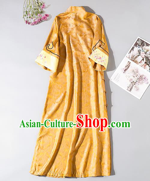 Asian Chinese Classical Golden Song Brocade Cheongsam Clothing Traditional Embroidered Silk Qipao Dress
