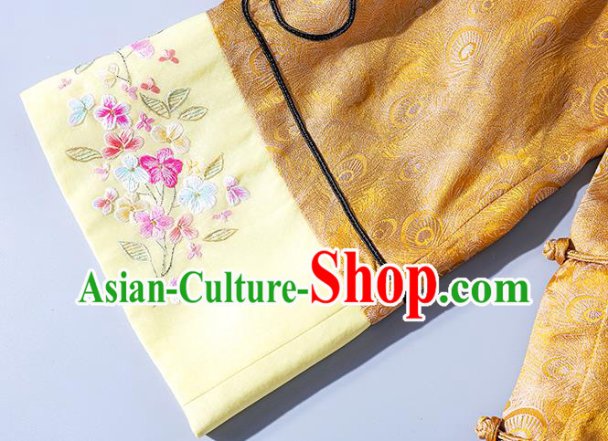 Asian Chinese Classical Golden Song Brocade Cheongsam Clothing Traditional Embroidered Silk Qipao Dress