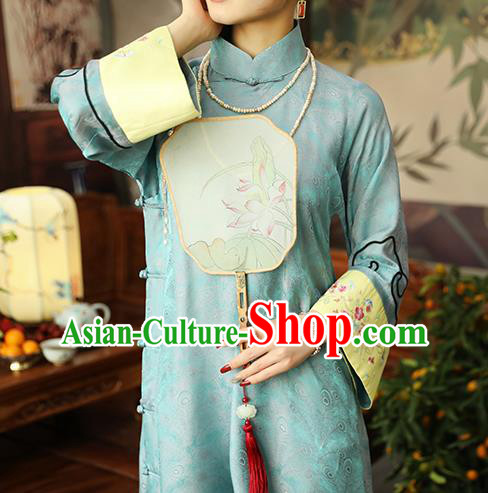 Asian Chinese Traditional Embroidered Silk Qipao Dress Classical Light Blue Song Brocade Cheongsam Clothing