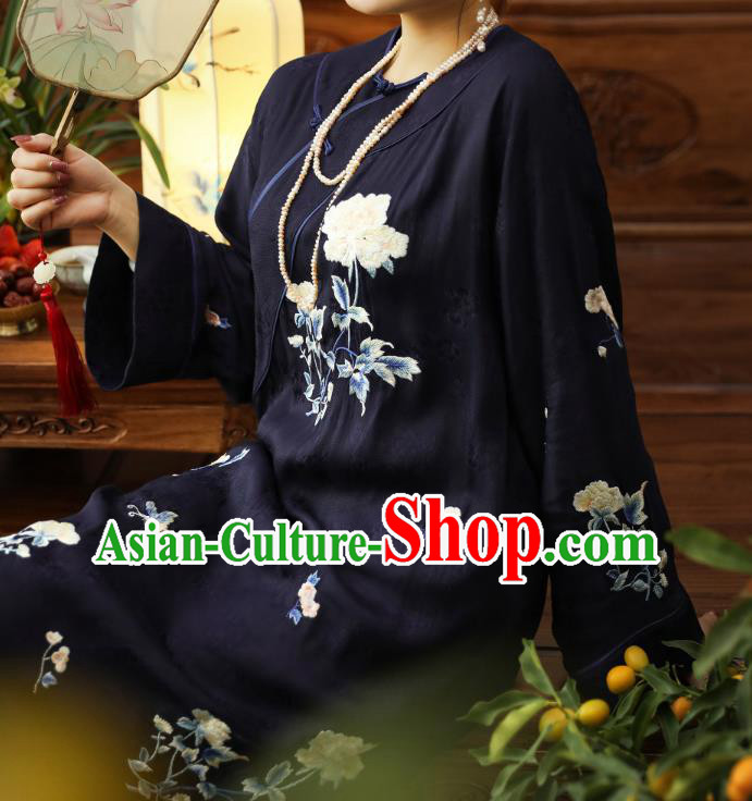 Asian Chinese Classical Wide Sleeve Cheongsam Clothing Traditional Embroidered Navy Silk Qipao Dress