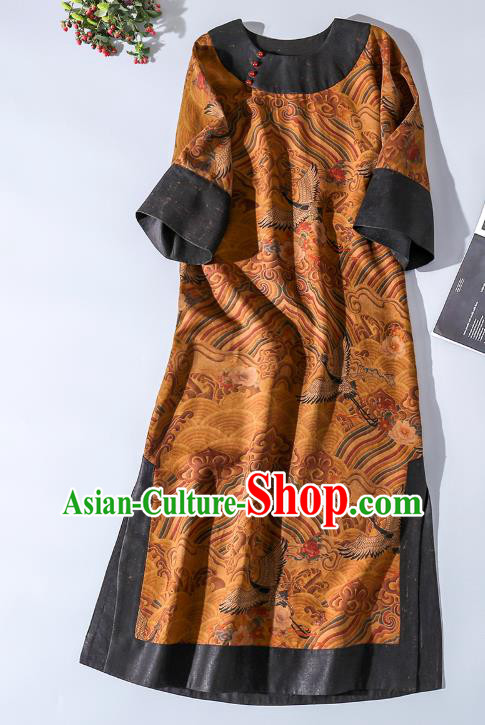 Asian Chinese Classical Wave Pattern Cheongsam Clothing Traditional Ginger Silk Qipao Dress