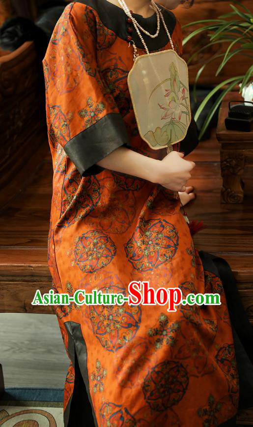 Asian Chinese Classical Women Cheongsam Clothing Traditional Qing Dynasty Princess Orange Silk Qipao Dress