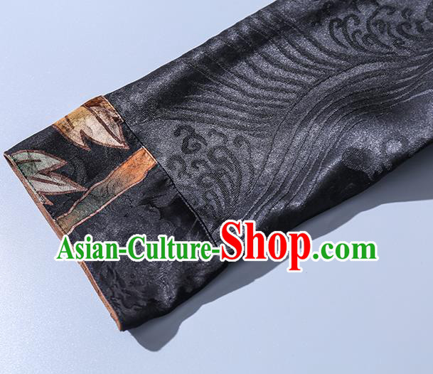 China Traditional Tang Suit Upper Outer Garment Classical Hand Painting Peony Black Silk Blouse