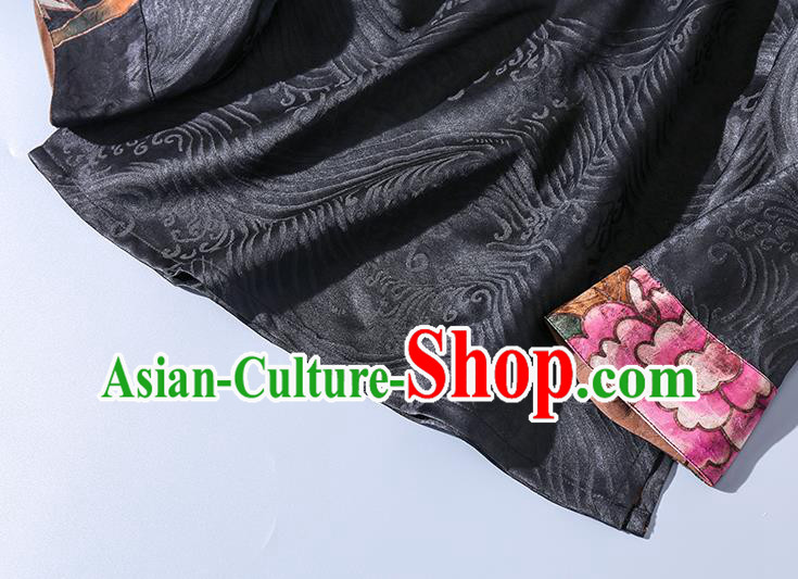 China Traditional Tang Suit Upper Outer Garment Classical Hand Painting Peony Black Silk Blouse
