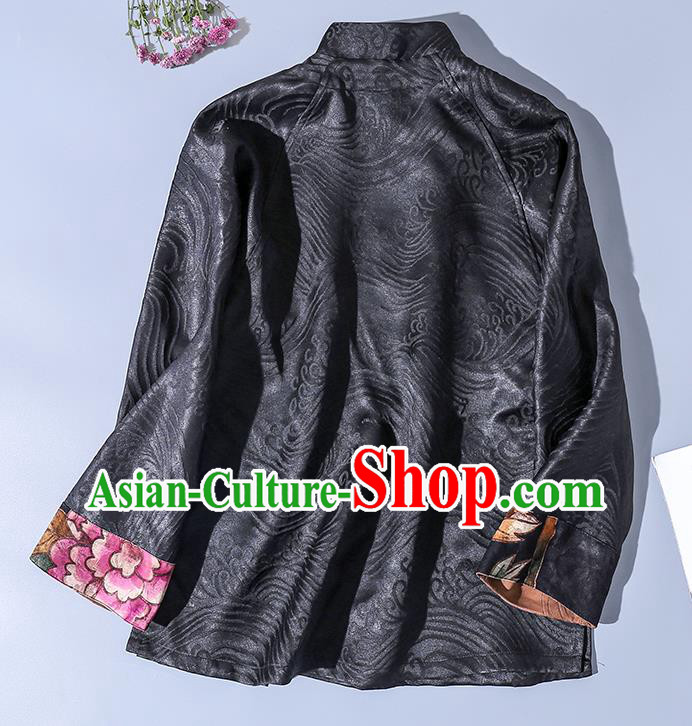 China Traditional Tang Suit Upper Outer Garment Classical Hand Painting Peony Black Silk Blouse