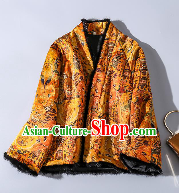 China Traditional Tang Suit Outer Garment Classical Dragons Pattern Yellow Silk Cotton Wadded Jacket