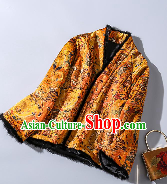 China Traditional Tang Suit Outer Garment Classical Dragons Pattern Yellow Silk Cotton Wadded Jacket