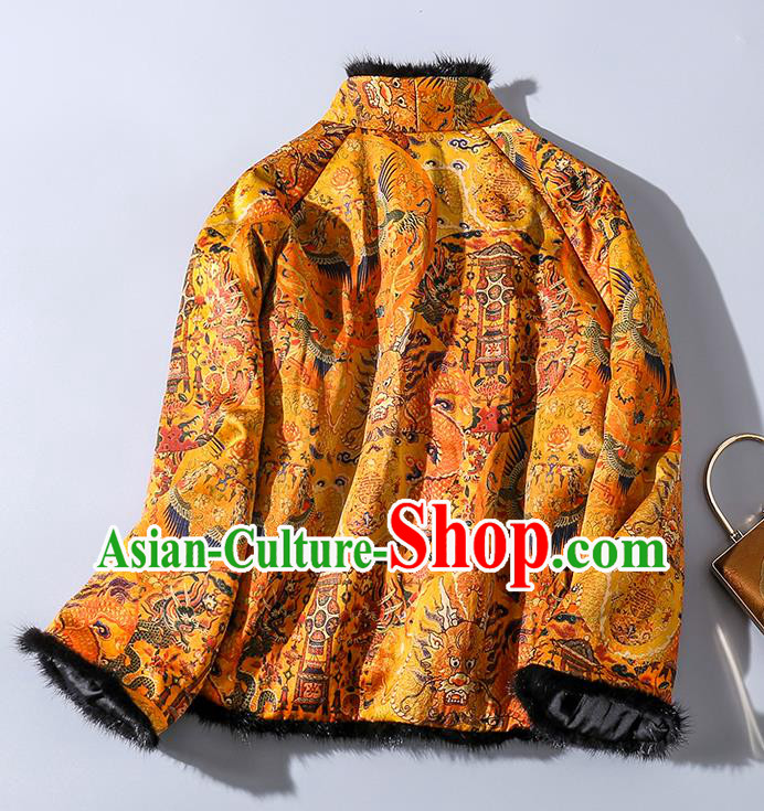 China Traditional Tang Suit Outer Garment Classical Dragons Pattern Yellow Silk Cotton Wadded Jacket