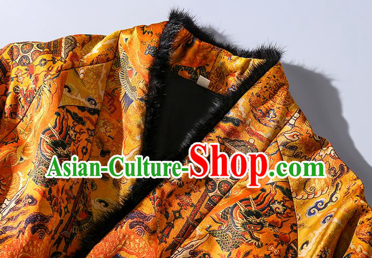 China Traditional Tang Suit Outer Garment Classical Dragons Pattern Yellow Silk Cotton Wadded Jacket