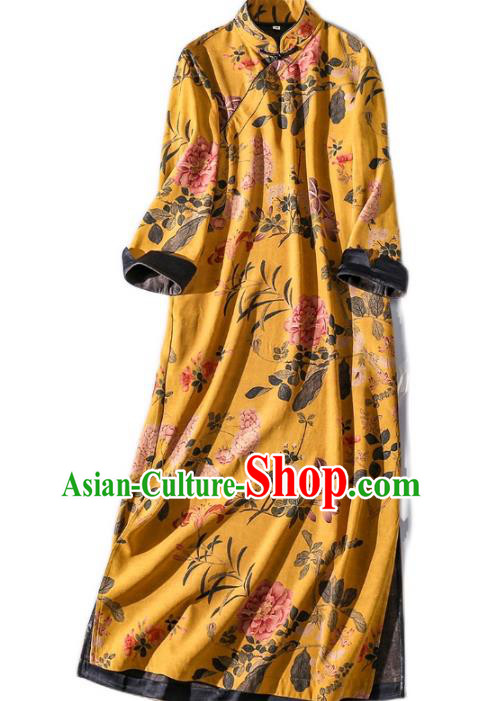 Asian Chinese Classical Cheongsam Clothing Traditional Printing Yellow Silk Qipao Dress