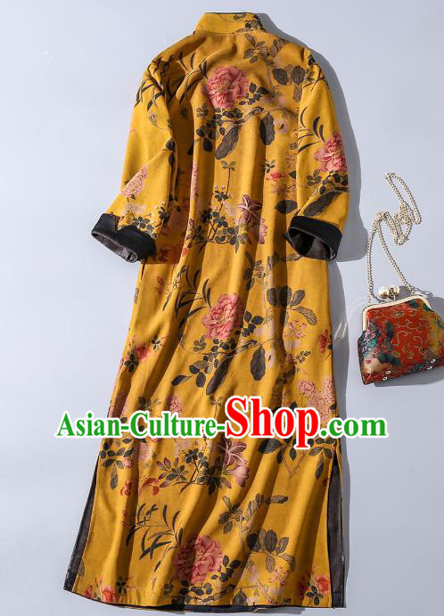Asian Chinese Classical Cheongsam Clothing Traditional Printing Yellow Silk Qipao Dress