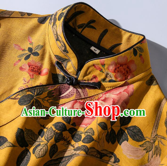 Asian Chinese Classical Cheongsam Clothing Traditional Printing Yellow Silk Qipao Dress