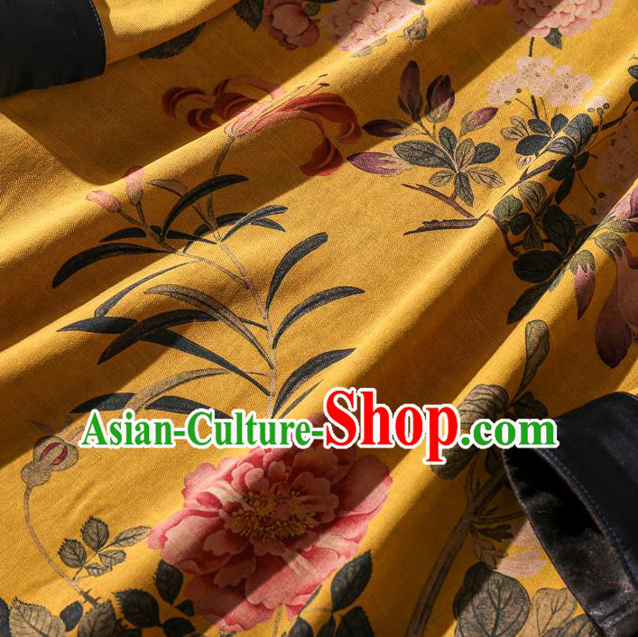 Asian Chinese Classical Cheongsam Clothing Traditional Printing Yellow Silk Qipao Dress