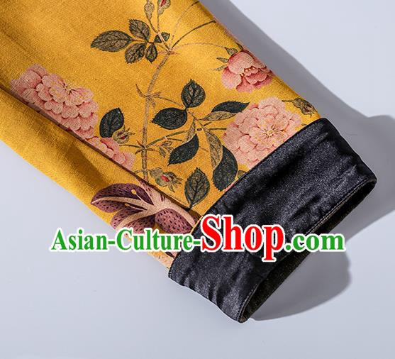 Asian Chinese Classical Cheongsam Clothing Traditional Printing Yellow Silk Qipao Dress