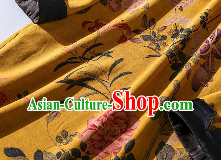 Asian Chinese Classical Cheongsam Clothing Traditional Printing Yellow Silk Qipao Dress
