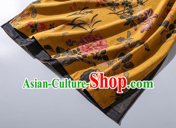 Asian Chinese Classical Cheongsam Clothing Traditional Printing Yellow Silk Qipao Dress