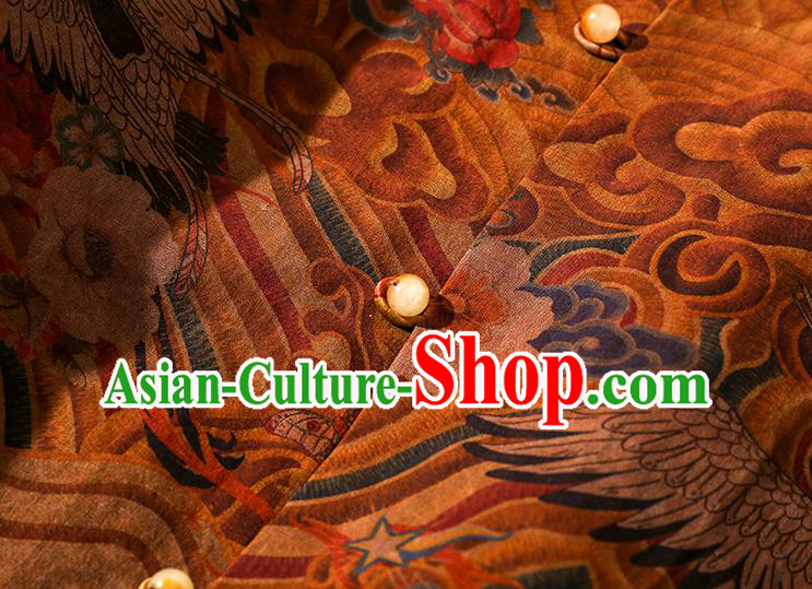 China Traditional Tang Suit Upper Outer Garment Classical Wave Cranes Pattern Ginger Silk Shirt