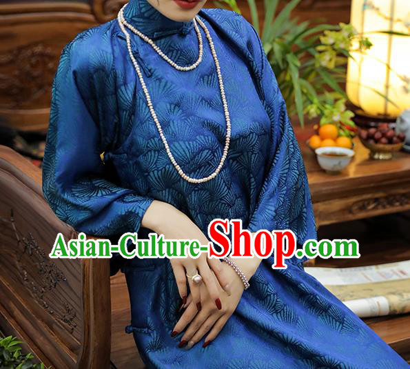Asian Chinese Traditional Young Beauty Jacquard Blue Silk Qipao Dress Classical Song Brocade Cheongsam