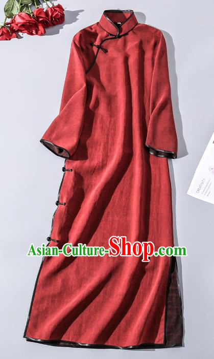 Asian Chinese Classical Silk Cheongsam Clothing Traditional Dark Red Long Qipao Dress
