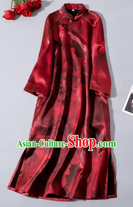 Asian Chinese Classical Peony Pattern Silk Cheongsam Traditional Wine Red Qipao Dress Clothing