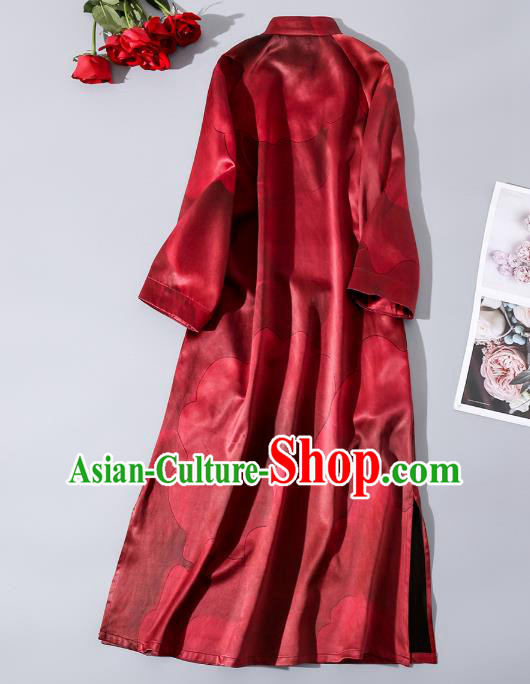 Asian Chinese Classical Peony Pattern Silk Cheongsam Traditional Wine Red Qipao Dress Clothing