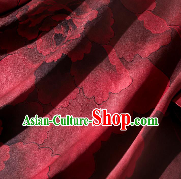 Asian Chinese Classical Peony Pattern Silk Cheongsam Traditional Wine Red Qipao Dress Clothing