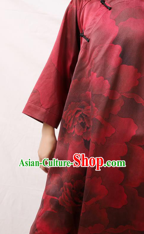 Asian Chinese Classical Peony Pattern Silk Cheongsam Traditional Wine Red Qipao Dress Clothing