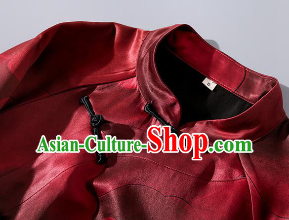 Asian Chinese Classical Peony Pattern Silk Cheongsam Traditional Wine Red Qipao Dress Clothing