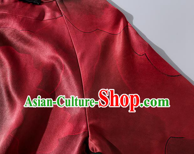 Asian Chinese Classical Peony Pattern Silk Cheongsam Traditional Wine Red Qipao Dress Clothing
