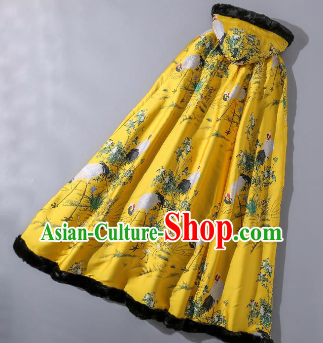 China Classical Winter Costume Traditional Tang Suit Yellow Silk Long Cloak