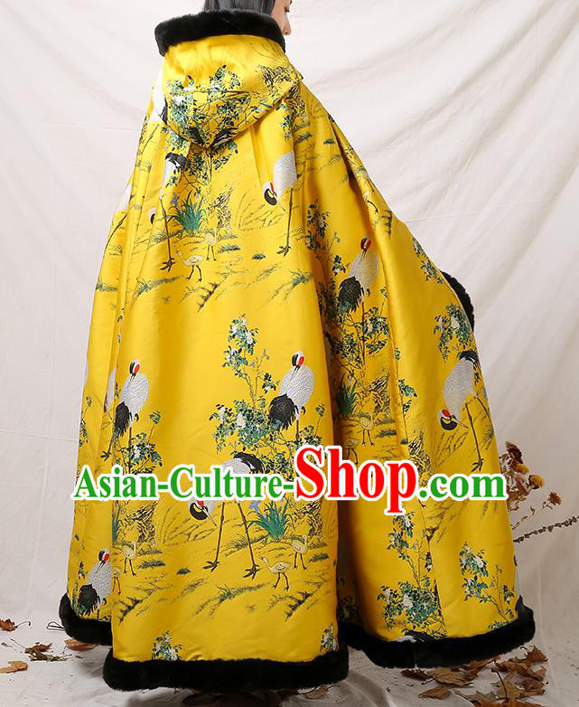 China Classical Winter Costume Traditional Tang Suit Yellow Silk Long Cloak