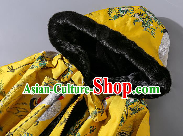China Classical Winter Costume Traditional Tang Suit Yellow Silk Long Cloak