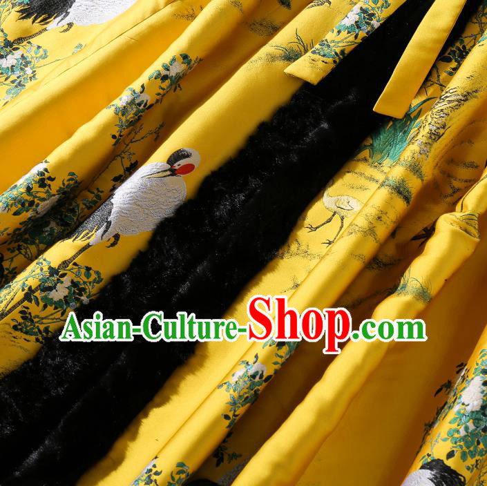 China Classical Winter Costume Traditional Tang Suit Yellow Silk Long Cloak