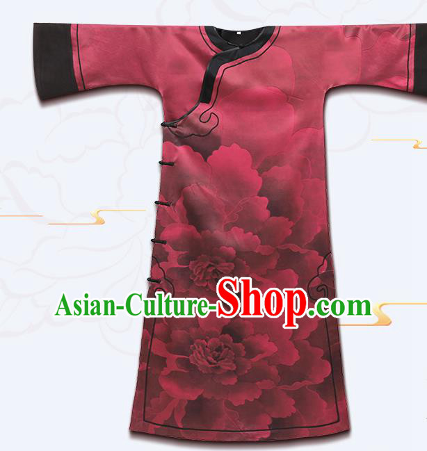 Asian Chinese Classical Peony Design Red Silk Cheongsam Clothing Traditional Qing Dynasty Court Lady Qipao Dress