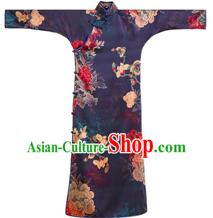 Asian Chinese Classical Cheongsam Traditional Printing Peony Purple Silk Qipao Dress Clothing