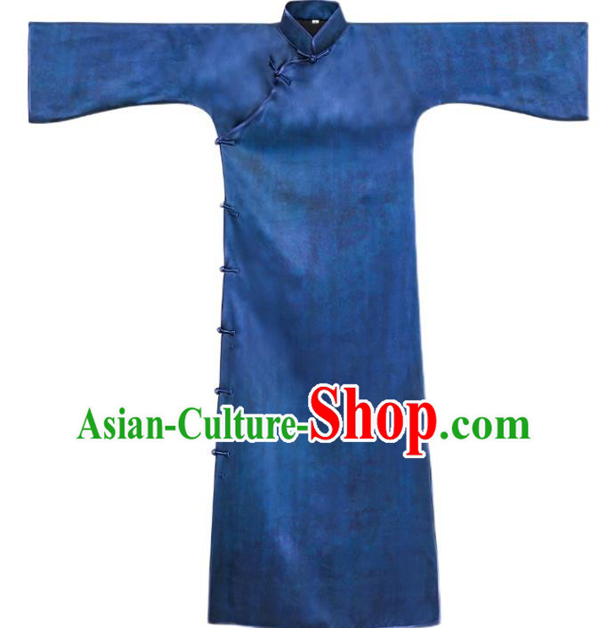 Asian Chinese Classical Wide Sleeve Cheongsam Traditional Blue Silk Long Qipao Dress Clothing