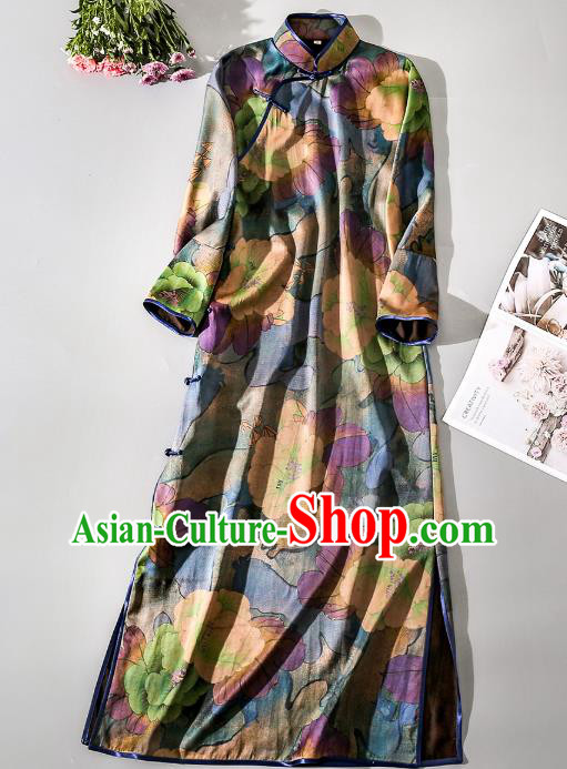 Asian Chinese Classical Camellia Pattern Cheongsam Traditional Silk Long Qipao Dress Female Clothing
