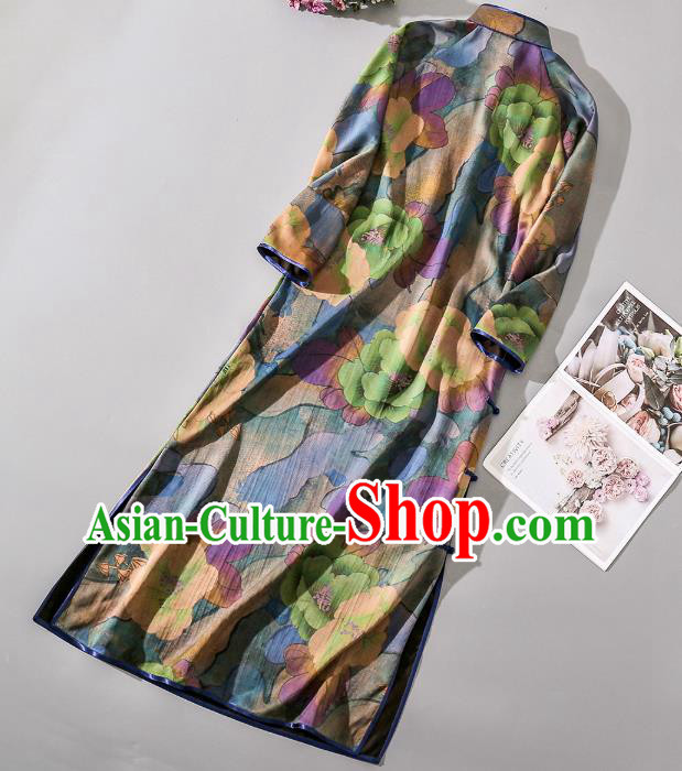 Asian Chinese Classical Camellia Pattern Cheongsam Traditional Silk Long Qipao Dress Female Clothing