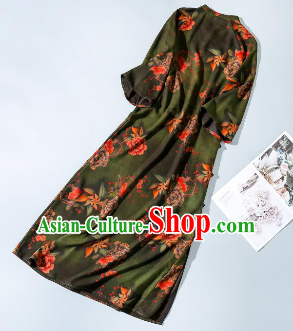 Asian Chinese Traditional Green Silk Long Qipao Dress Female Clothing Classical Peony Pattern Cheongsam