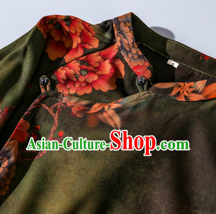 Asian Chinese Traditional Green Silk Long Qipao Dress Female Clothing Classical Peony Pattern Cheongsam