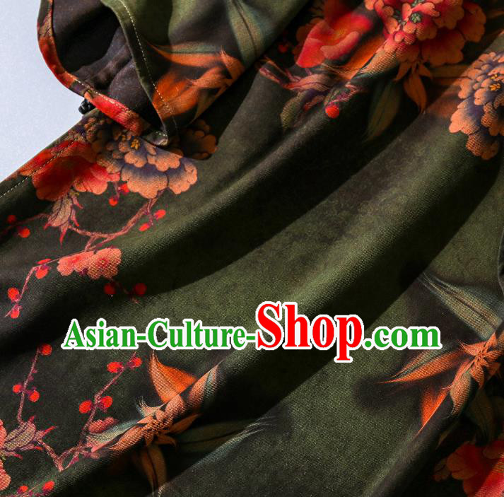 Asian Chinese Traditional Green Silk Long Qipao Dress Female Clothing Classical Peony Pattern Cheongsam