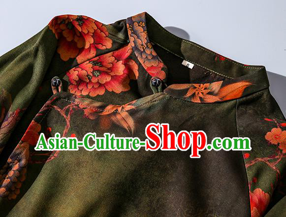 Asian Chinese Traditional Green Silk Long Qipao Dress Female Clothing Classical Peony Pattern Cheongsam