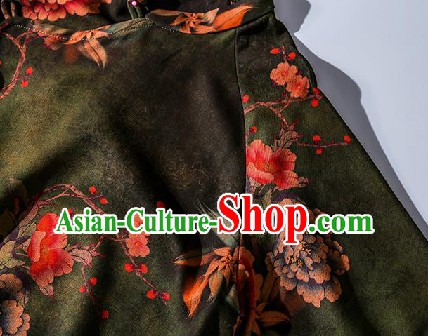 Asian Chinese Traditional Green Silk Long Qipao Dress Female Clothing Classical Peony Pattern Cheongsam
