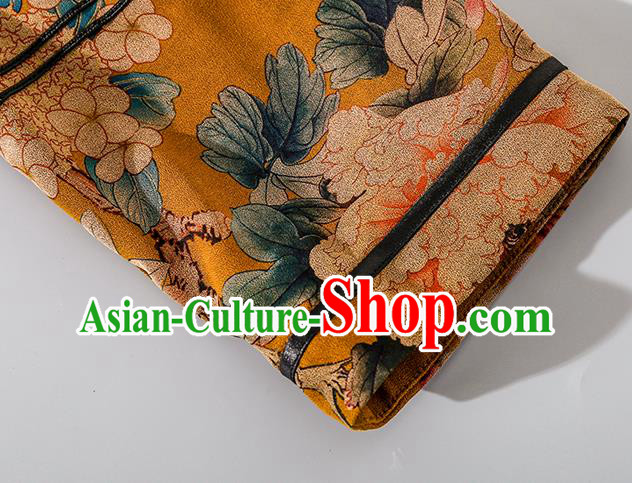 China Classical Outer Garment Costume Traditional Tang Suit Yellow Silk Long Dust Coat