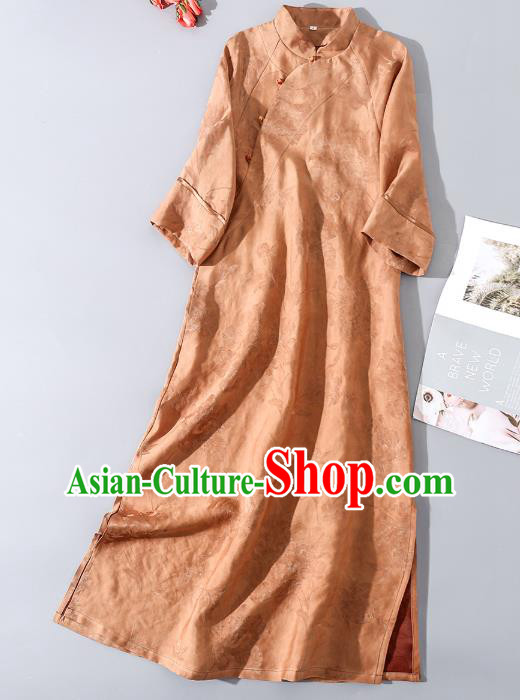 Asian Chinese Woman Clothing Classical Cheongsam Traditional Apricot Silk Long Qipao Dress