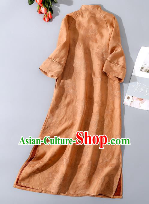 Asian Chinese Woman Clothing Classical Cheongsam Traditional Apricot Silk Long Qipao Dress