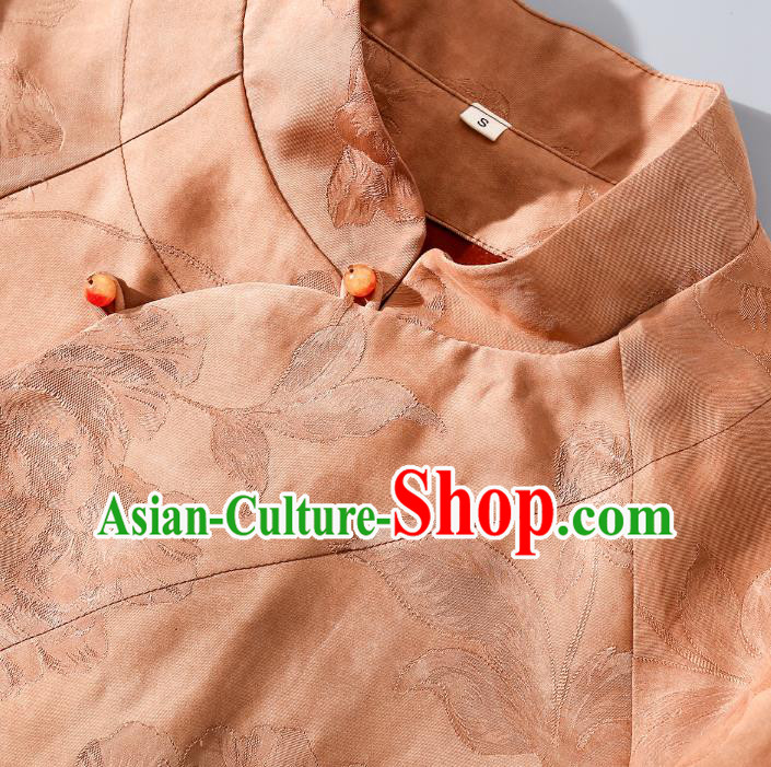 Asian Chinese Woman Clothing Classical Cheongsam Traditional Apricot Silk Long Qipao Dress