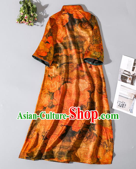 Asian Chinese Traditional Orange Silk Long Qipao Dress Woman Clothing Classical Clouds Pattern Cheongsam