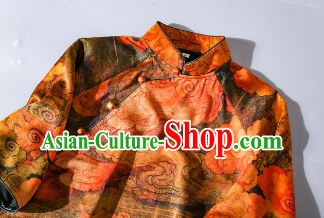 Asian Chinese Traditional Orange Silk Long Qipao Dress Woman Clothing Classical Clouds Pattern Cheongsam
